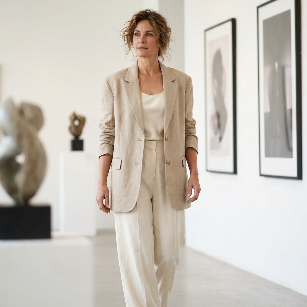 Model wearing an oversized blazer in a bright gallery